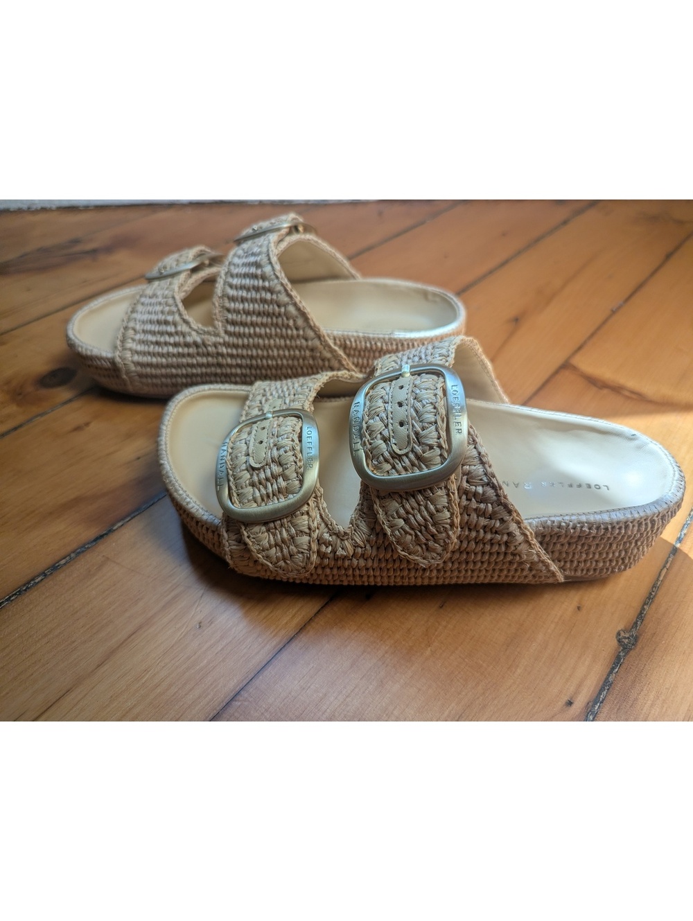 LOEFFLER AND RANDALL THEO DOUBLE BUCKLE SANDALS IN NATURAL RAFFIA SZ 7.5 NIB